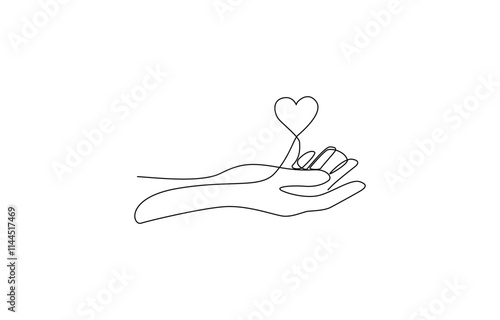 Hands holding heart continuous one line art drawing. Charity donation linear symbol, One continuous line drawing of hands holding heart. Concept of love relationship and volunteer organisation symbol.