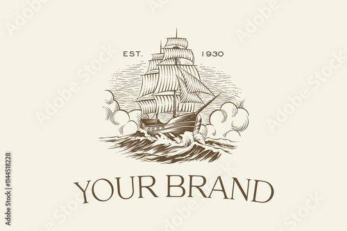 logo illustration of an ancient sea ship in vintage engraving style