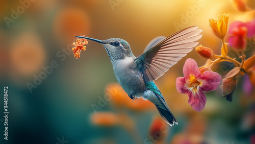 A hummingbird hovers close to vivid flowers.