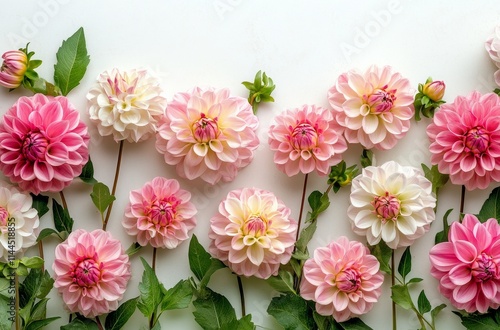 Beautiful bouquet of pink and white dahlias arranged in an artistic pattern o...