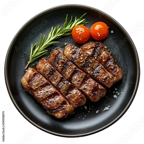 Top view of grilled steak on a dark ceramic plate isolated on a white transparent background
