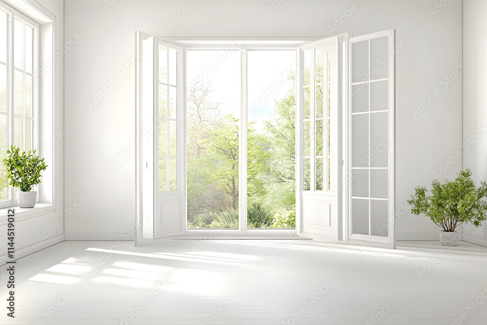 A bright, airy room with open windows showcasing a lush outdoor view. A bright, airy room with open windows showcasing a lush outdoor view.