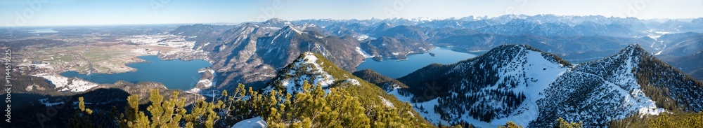 wide winter landscape upper bavarian alps, view from Herzogstand summit, lake Kochelsee and Walchensee wide winter landscape upper bavarian alps, view from Herzogstand summit, lake Kochelsee and Walchensee