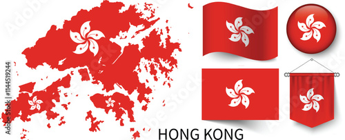 The various patterns of Hong Kong national flags and the map of Hong Kong's borders