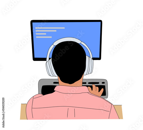 Young man in headphones sits at computer display rear view. Colored outline hand drawn illustration isolated on transparent background.