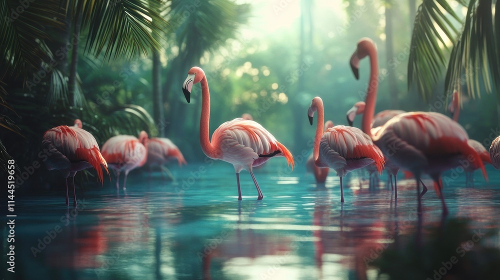 Fototapeta premium Pink flamingos wading in a tropical lagoon at sunrise.