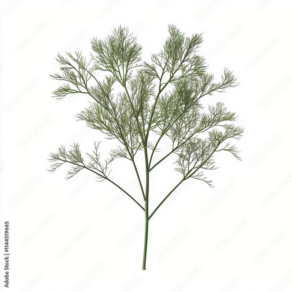 Delicate green dill herb with fine fronds displayed against a white background, perfect for culinary uses and Delicate green dill herb with fine fronds displayed against a white background, perfect for culinary uses and