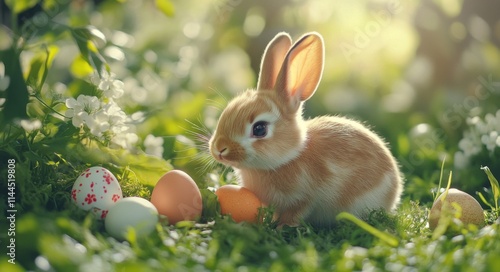 Cute bunny happily surrounded by colorful Easter eggs in a sunny garden durin...
