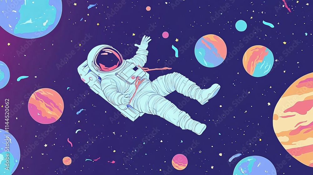 Fototapeta premium A dynamic illustration of an astronaut floating amidst vibrant planets and a starry sky. The colorful, artistic style evokes wonder and creativity, perfect for space-themed projects.. AI Generation