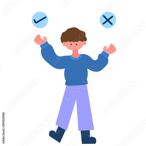 man deciding between right and wrong with check and cross icons flat design illustration