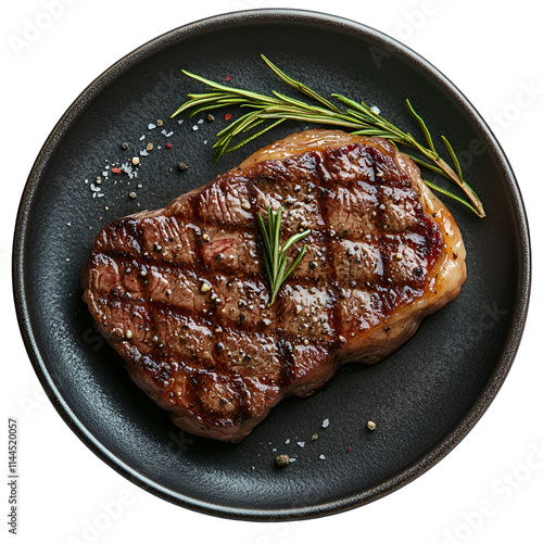 Top view of New York strip steak on a dark porcelain plate isolated on a white transparent background