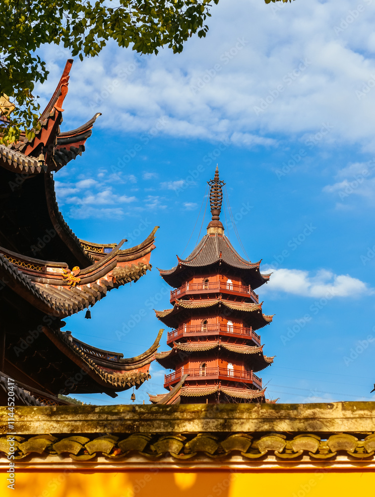 Autumn scenery of Ayuwang Temple (Temple of King Ashoka, Ningbo Ashoka Temple), a Buddhist temple located in Yinzhou District of Ningbo, Zhejiang, China Autumn scenery of Ayuwang Temple (Temple of King Ashoka, Ningbo Ashoka Temple), a Buddhist temple located in Yinzhou District of Ningbo, Zhejiang, China