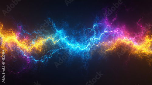 Electric lightning energy explosion ball vector. 3d thunder circle explosion light in blue, yellow and purple. Thunderbolt crack glow effect. Abstract discharge isolated on transparent background.