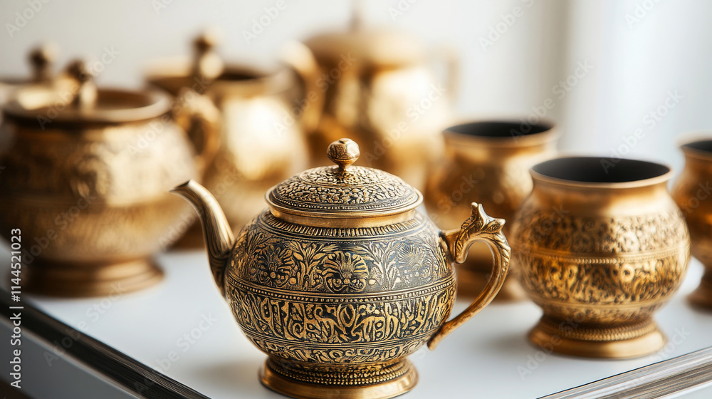 Traditional arab kettles set isolated on white background. Vector cartoon illustration of vintage golden pot for tea or coffee decorated with oriental ornament, eastern restaurant design elements Traditional arab kettles set isolated on white background. Vector cartoon illustration of vintage golden pot for tea or coffee decorated with oriental ornament, eastern restaurant design elements