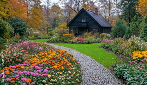 Colorful garden pathways lead to a quaint black cottage surrounded by vibrant...