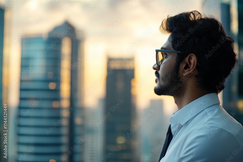 Business professional gazing at city skyline during sunset, contemplating future opportunities and challenges Business professional gazing at city skyline during sunset, contemplating future opportunities and challenges