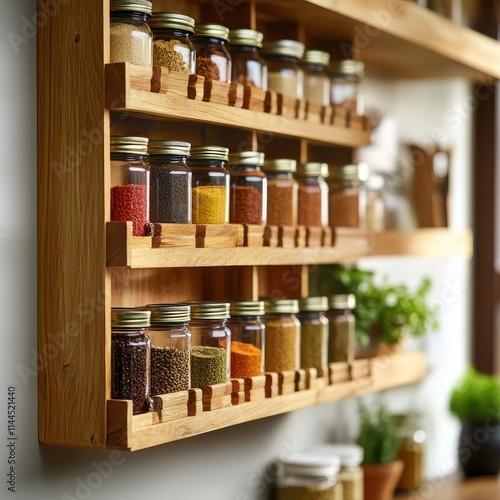 Colorful Spice Rack Display in Modern Kitchen Wooden Structure Jar Arrangement Bright Atmosphere Close-Up for Home Decor Inspiration