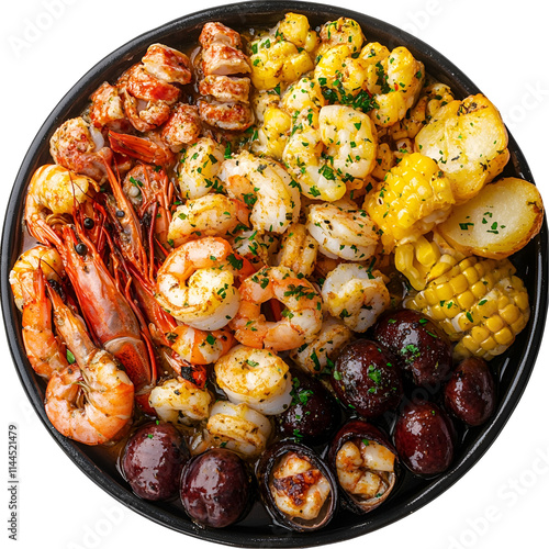 Top view of seafood boil on a dark ceramic platter isolated on a white transparent background