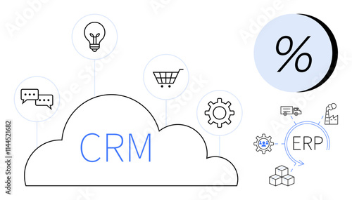 CRM and ERP systems connected through cloud icons include lightbulb, chat, shopping cart, gear, and percent. Ideal for technology, business strategy, automation, integration, productivity, marketing