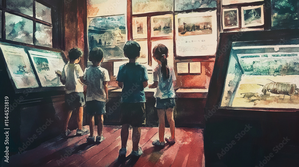 Obraz premium Children exploring museum exhibit, engaging with historical displays and artifacts in warmly lit room, fostering curiosity and learning