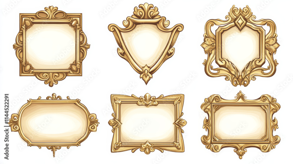 Golden avatar frames, game winner award badges isolated on background. Vector cartoon set of empty achievement emblems with decorative golden borders different shapes Golden avatar frames, game winner award badges isolated on background. Vector cartoon set of empty achievement emblems with decorative golden borders different shapes