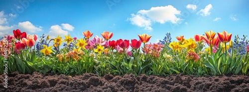 Vibrant flower garden in full bloom under a bright blue sky with fluffy cloud...