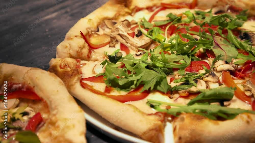 Pizza with cheese, tomato sauce and arugula Pizza with cheese, tomato sauce and arugula