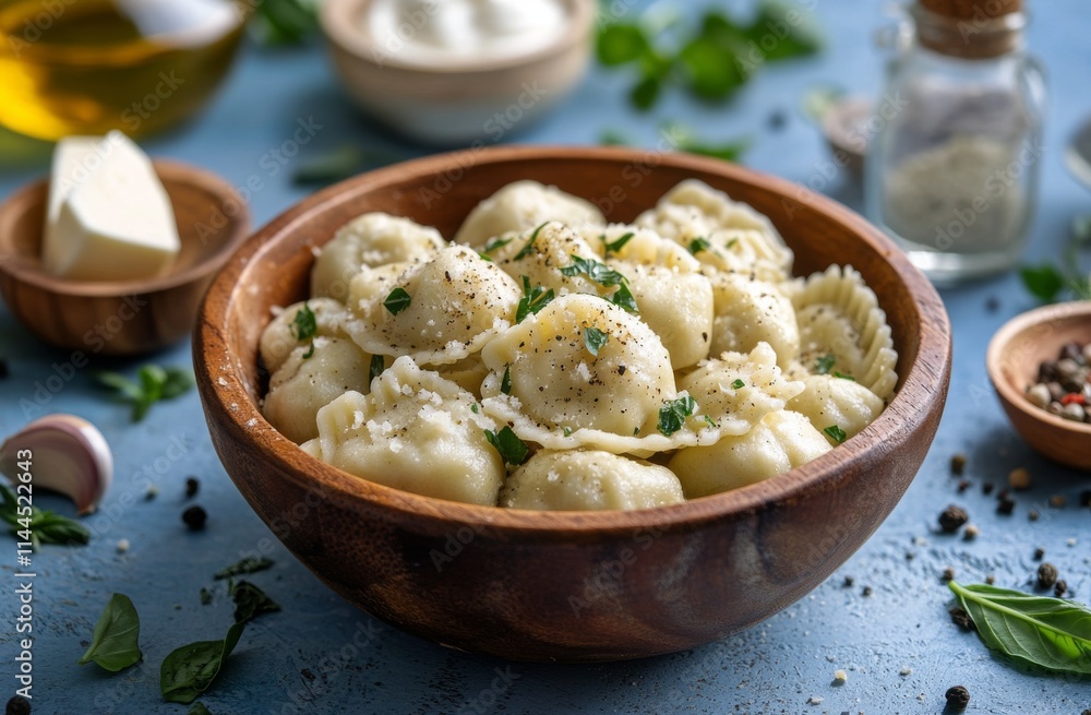 Freshly made dumplings served in a wooden bowl, garnished with herbs and spices, against a rustic kitchen Freshly made dumplings served in a wooden bowl, garnished with herbs and spices, against a rustic kitchen