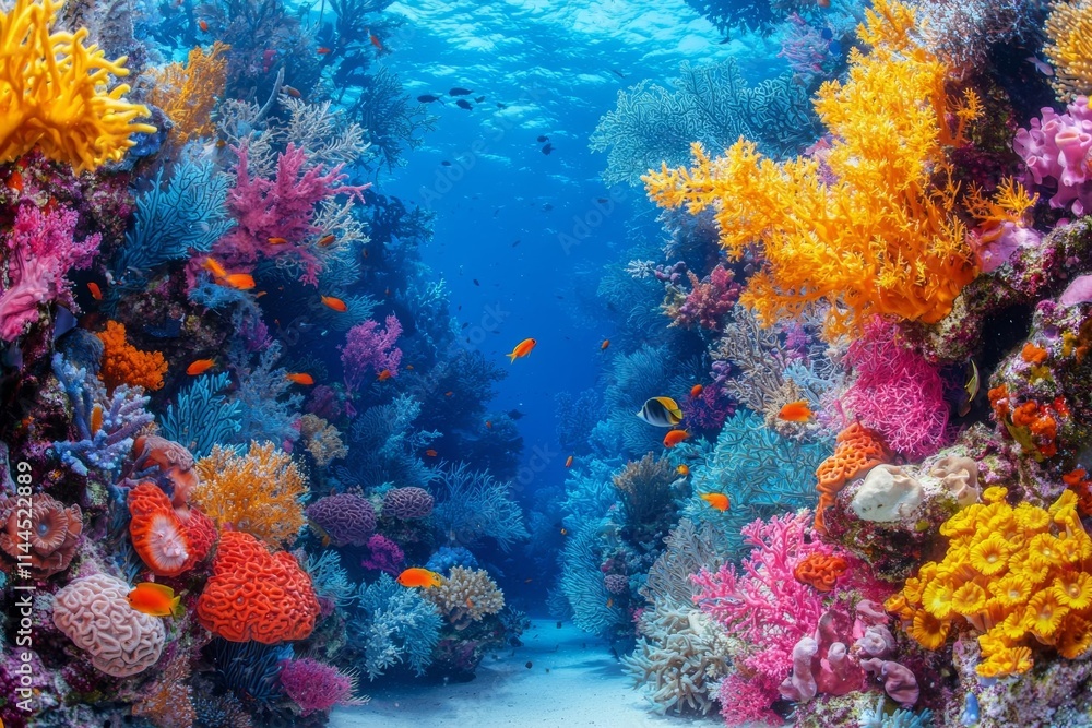 Fototapeta premium Vibrant coral reef teeming with exotic sea creatures , isolated on white background, , copy space, copy space for text,