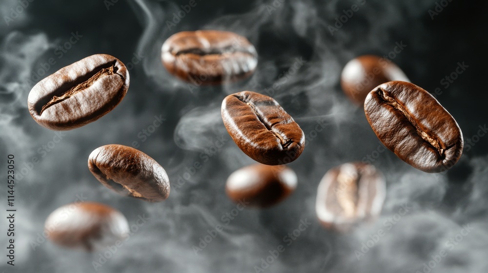 Dark roasted coffee beans suspended in the air with steam swirling around in a contrasting black background for Dark roasted coffee beans suspended in the air with steam swirling around in a contrasting black background for