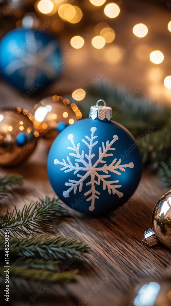 Stylish blue baubles with delicate snowflake patterns paired with shiny golden ornaments and fresh evergreen branches, exuding a festive and luxurious holiday vibe.. AI Generation Stylish blue baubles with delicate snowflake patterns paired with shiny golden ornaments and fresh evergreen branches, exuding a festive and luxurious holiday vibe.. AI Generation
