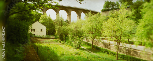 Arch bridge in a canyon, Adolphe Bridge, Luxembourg City, Luxembourg. photo