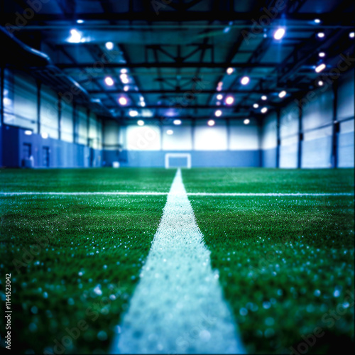 Low angle of white lines painted on soccer turf in an indoor arena with floodlights photo