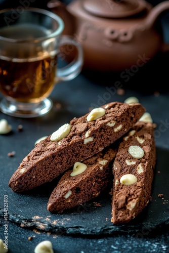 Delicious chocolate biscotti with hazelnuts served alongside a warm cup of te...
