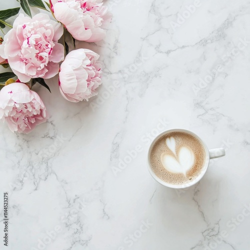 Beautiful arrangement of peonies beside a cup of latte on a marble surface du...