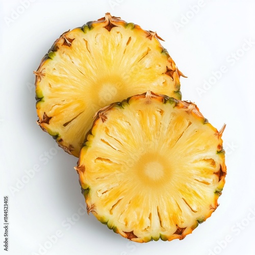 Freshly sliced pineapple showcases vibrant yellow interior and textured exter...
