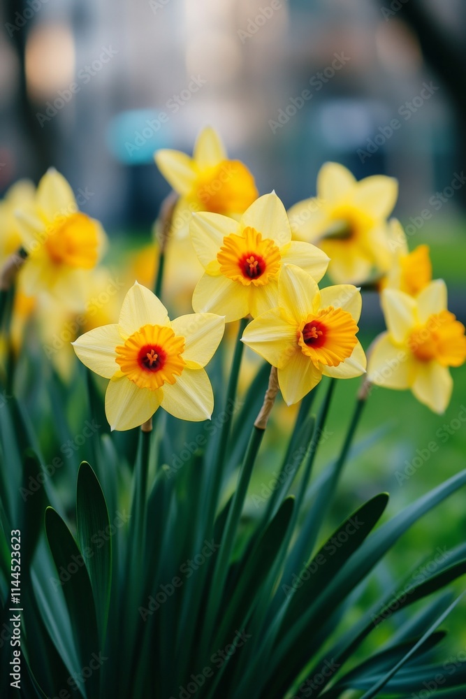 Bright yellow daffodils blooming in a vibrant garden during springtime, showcasing nature's beauty and new Bright yellow daffodils blooming in a vibrant garden during springtime, showcasing nature's beauty and new
