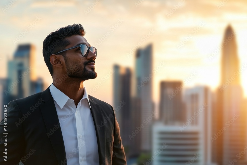 Man in a suit enjoys a sunset view over the city skyline while wearing sunglasses Man in a suit enjoys a sunset view over the city skyline while wearing sunglasses