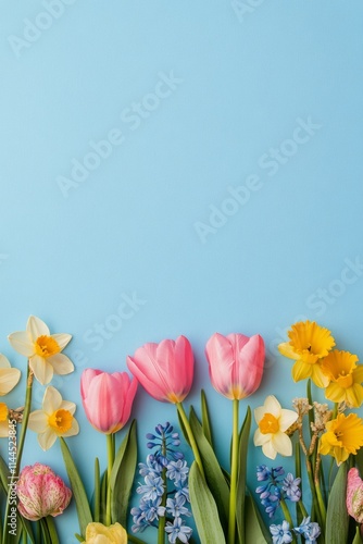 Colorful arrangement of spring flowers on a blue background showcasing variou...