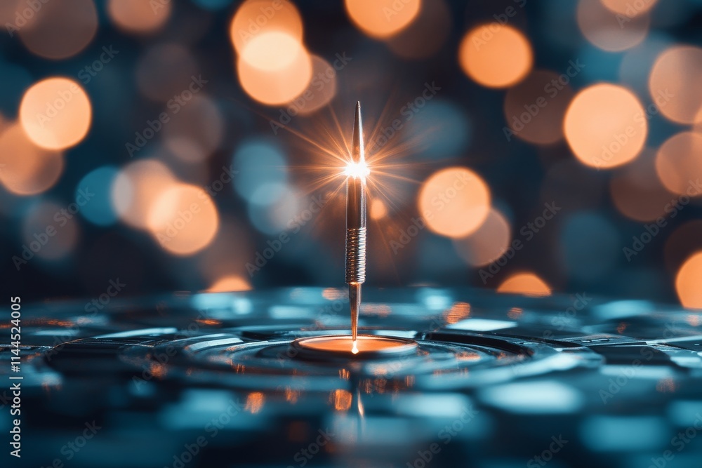 Bright metallic dart piercing the center of a vibrant dartboard with glowing bokeh lights in the background during an evening setting Bright metallic dart piercing the center of a vibrant dartboard with glowing bokeh lights in the background during an evening setting