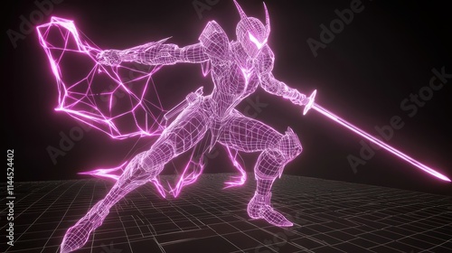 Futuristic warrior in a neon wireframe design.