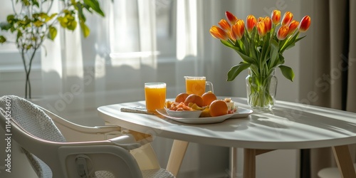 Fresh tulips and citrus juice in a bright living room with cozy decor, creati...