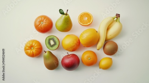 Colorful assortment of fresh fruits on white background.