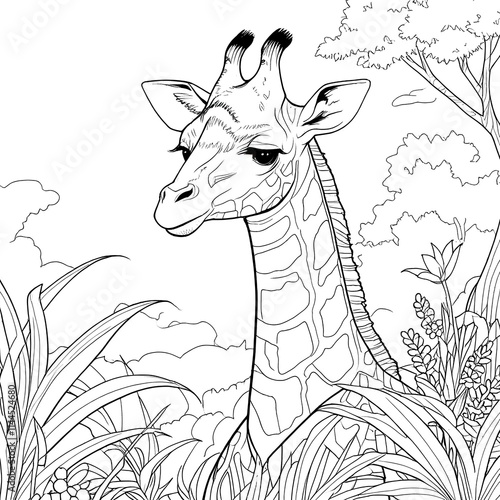 Coloring Book, Cartoon Vector Illustration of Black and White giraffe. Illustration for the children, coloring page with smiling cartoon giraffe. 