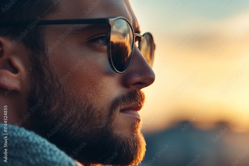 Young man in sunglasses gazes thoughtfully at sunset over city skyline, embodying calmness and introspection in the golden hour Young man in sunglasses gazes thoughtfully at sunset over city skyline, embodying calmness and introspection in the golden hour