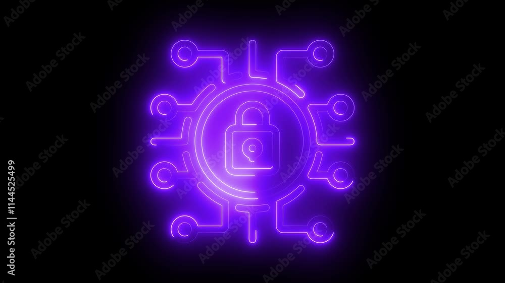 Cyber security icon animation by purple color neon on black background. Cyber security icon animation by purple color neon on black background.