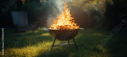 Grilling meat over open flames during a sunset gathering in a backyard create...