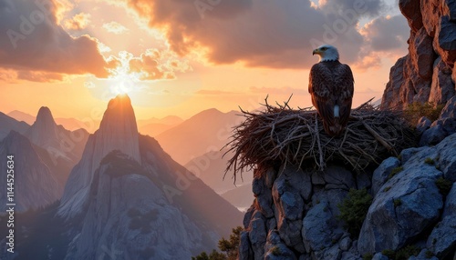 Majestic Eagle on Mountain Nest at Sunset, Wildlife Photography