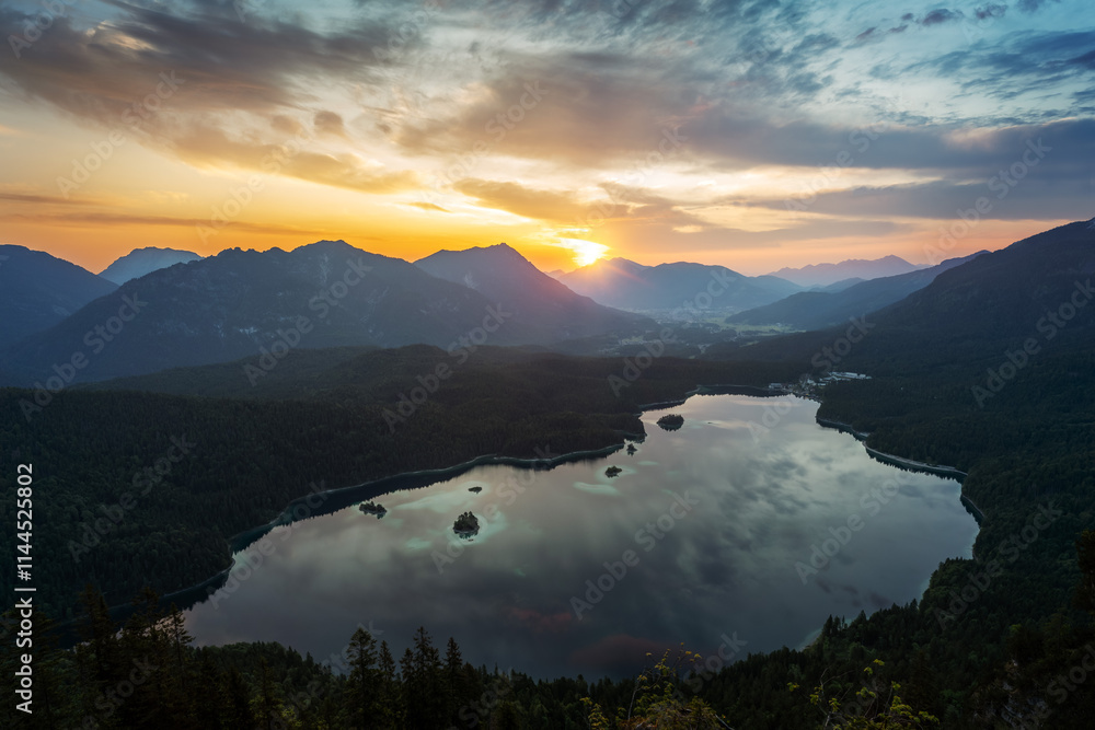 Sunset over Mountain Lakes with Hut