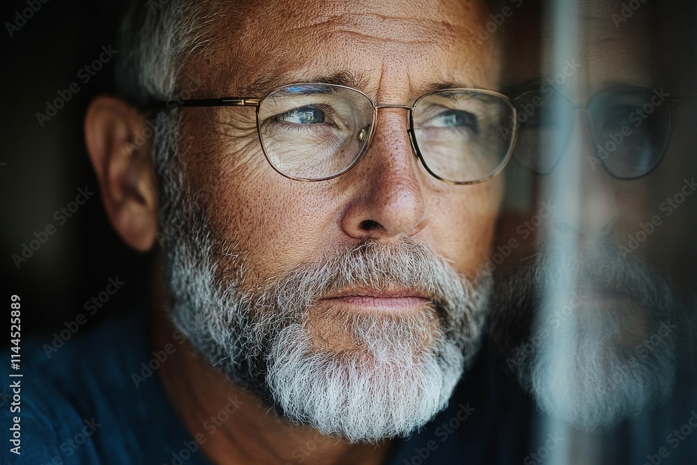 Contemplative older man gazes thoughtfully through a window in a softly lit room Contemplative older man gazes thoughtfully through a window in a softly lit room